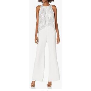 Sho(Tadashi Shoji) Ashley Backless Jumpsuit,  Ivory Crepe with Mate Silver Sequi